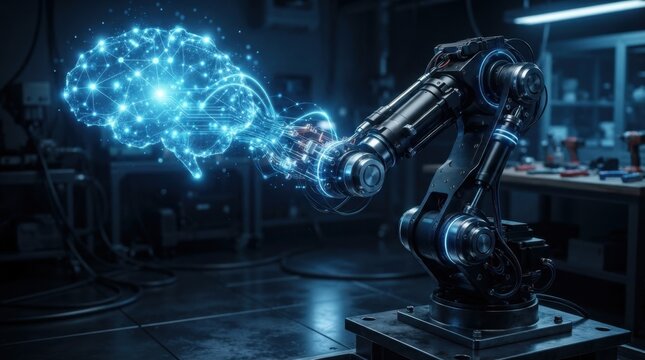 Glowing neural network forming a robotic arm with actuator rods, sensor rings, and chrome joints in a dark laboratory