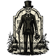 Fototapeta premium Vintage gentleman skeleton illustration with top hat and cane in front of a tombstone