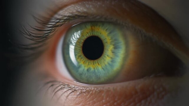 Extreme macro footage of a single beautiful healthy human eye with a vivid chartreuse iris for national eye exam month