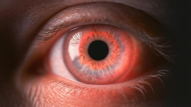 Extreme macro footage of a single beautiful healthy human eye with a bright coral-colored iris for national eye exam month