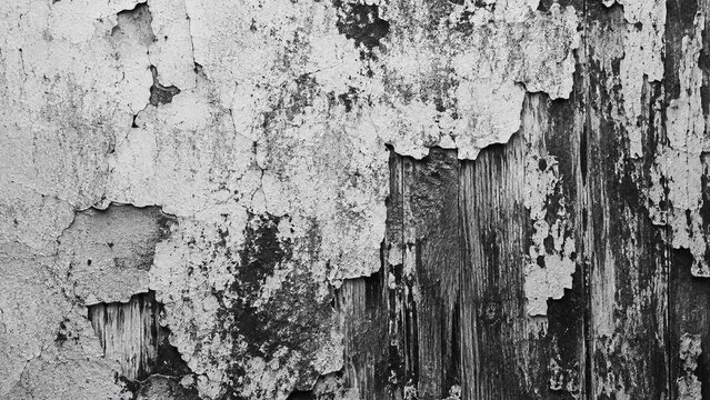 Peeling Paint Grunge Wood Texture Black White Background 5K
Description: High resolution black and white grunge texture of peeling cracked paint revealing weathered wood underneath, distressed vintage