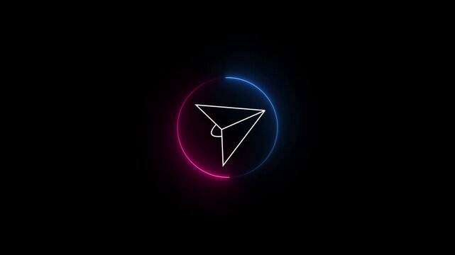 Paper Plane Send Button Icon Animation with Neon Circular Glow on Black Background, Digital Messaging and Communication Motion Graphic, 4K.. 4K videos,..!