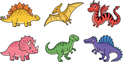 Cute Cartoon Dinosaur and Dragon Vector Set Featuring Stegosaurus Pterodactyl Triceratops Tyrannosaurus Rex Spinosaurus and Mythical Red Dragon Characters for Kids Designs © JOYNAB