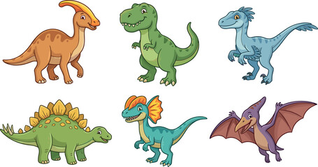 Cute Cartoon Dinosaur Character Bundle Featuring Parasaurolophus Tyrannosaurus Rex Raptor Stegosaurus Dilophosaurus and Pterodactyl Vector Illustrations for Kids Textile and School Designs © JOYNAB