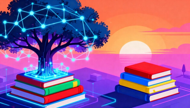 isometric flat illustration of a majestic Tree of Knowledge made of glowing books and digital network nodes, growing from a stack of colorful textbooks