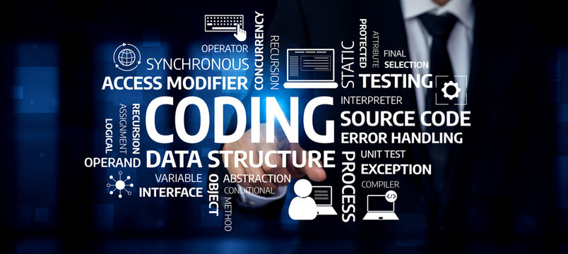 Digital illustration showcasing various coding terms and concepts related to software development. Ideal for tech-related projects and programming guides. Tessel