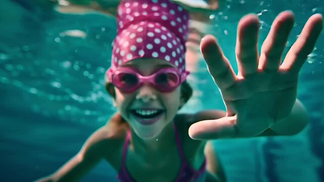 Summer hot vibe lifestyle. A vibrant underwater portrait of a young girl, captured in a candid moment. She wears a pink polkadotted swim cap and pink swimming goggles. Her mouth is open wide.