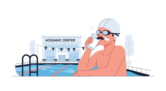 Man drinking water in swimming pool near acquatic center