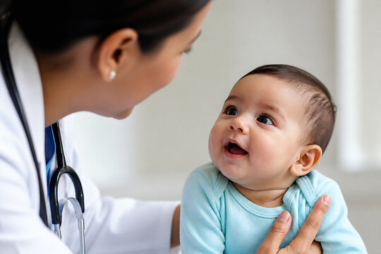 A doctor is interacting with a smiling baby in a bright, indoor setting.