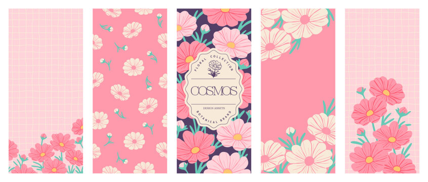 Vertical background design set featuring cosmos flowers