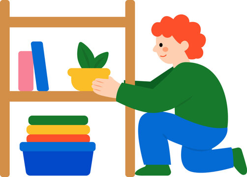 Person Organizing and Tidying Up at Home Flat Vector Illustration