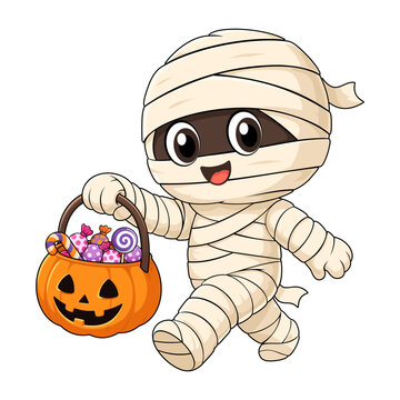 Cute Halloween Mummy Character Carrying Pumpkin Candy Basket Vector Illustration