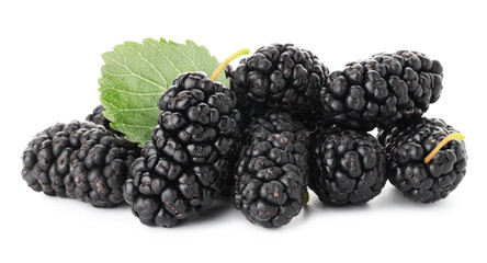Pile of ripe mulberries and green leaf isolated on white © New Africa