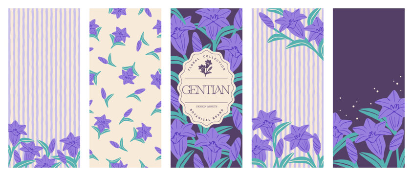 Vertical background design set featuring gentian flowers