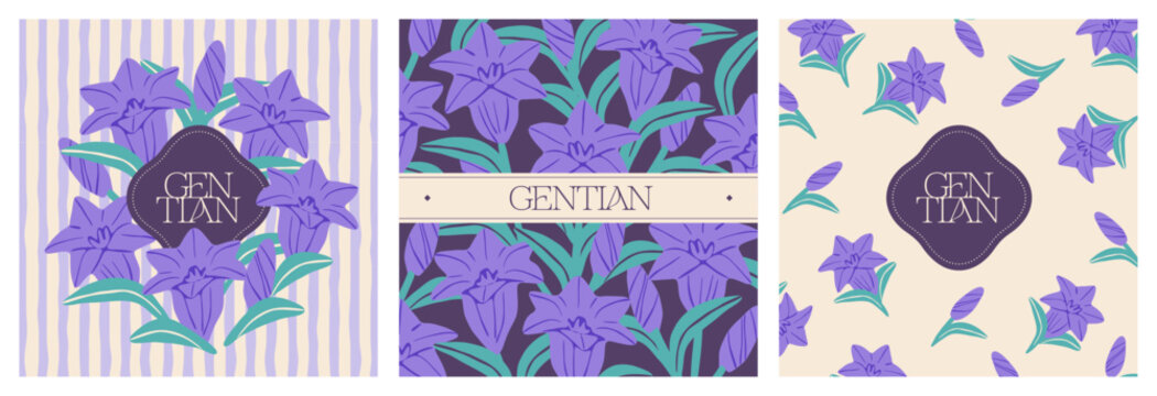 Square background design set featuring gentian flowers
