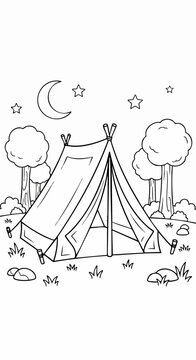A cute camping tent in the forest at night coloring page.