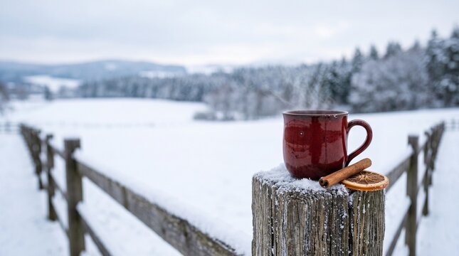 Hot mulled wine in red mug on snowy wooden fence post with winter landscape background