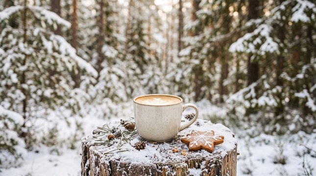Hot coffee latte with gingerbread star cookie on snowy tree stump in winter pine forest