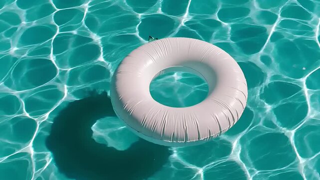 Summer hot vibe lifestyle. A topdown view of a swimming pool reveals clear turquoise water with ripples. A white, circular inflatable ring floats in the water.