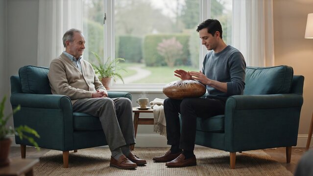 Young man playing a steel tongue drum for his elderly father sitting on blue armchairs in a cozy living room during a relaxing music session at home