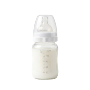 Glass baby bottle filled with milk, isolated on a clean white background