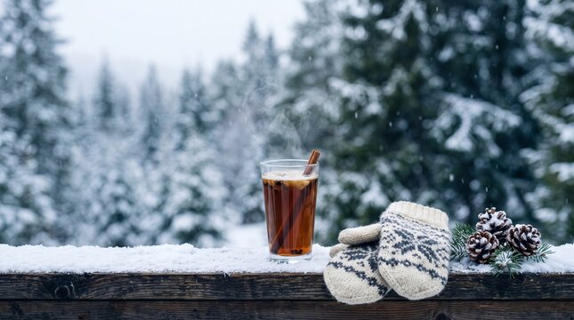 Steaming spiced tea in glass mug with knit mittens and pinecones on snowy wooden deck in winter forest