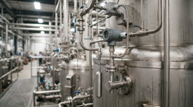 Liquid level monitoring system with stainless steel tank, float switch, ultrasonic sensor, control conduit, and polished pipework in a chemical plant.