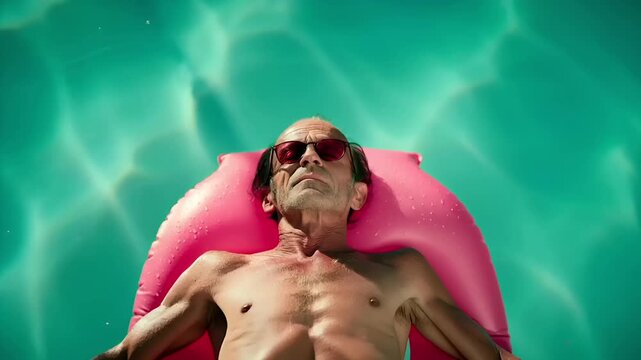 Summer hot vibe lifestyle. A vivid, highresolution portrait of an elderly man floating on a pink inflatable ring in a pool. The pools water is a bright turquoise.