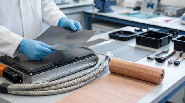 Automotive materials engineer holding an electromagnetic shielding polymer sheet beside an electric vehicle battery module and copper mesh in a clean lab