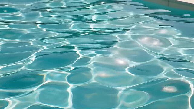 Summer hot vibe lifestyle. A closeup view of a swimming pools water surface shows ripples and reflections. The water is a vibrant turquoise color.