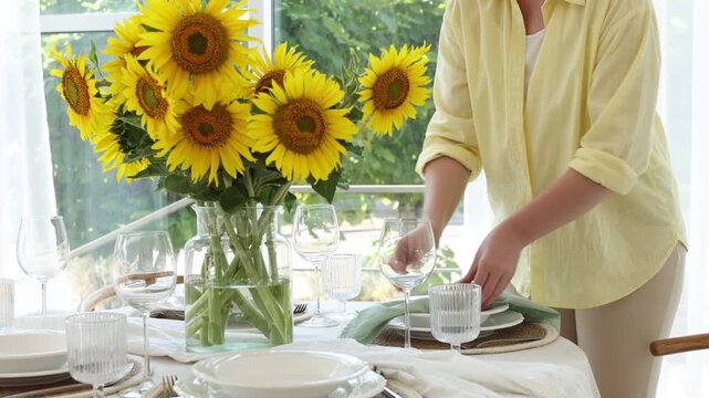Woman setting table for dinner and beautiful sunflowers indoors, closeup