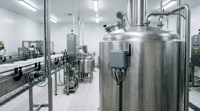 digital food manufacturing plant with stainless tanks, cip spray nozzles, conveyor belts, temperature probes, and connected sensors