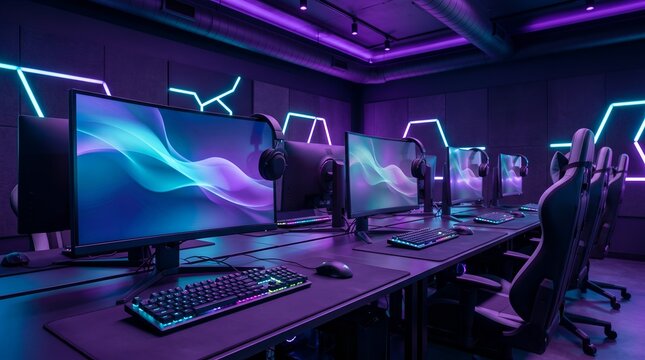 Modern esports gaming room with neon lights and multiple monitors