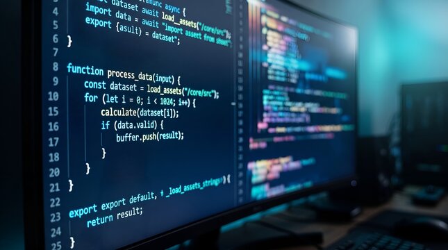 Computer screen displaying colorful code with blue and teal ambiance