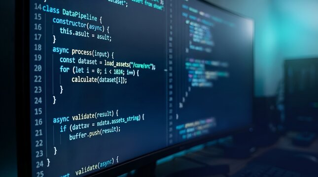 Computer monitor displaying code with blue and teal color scheme