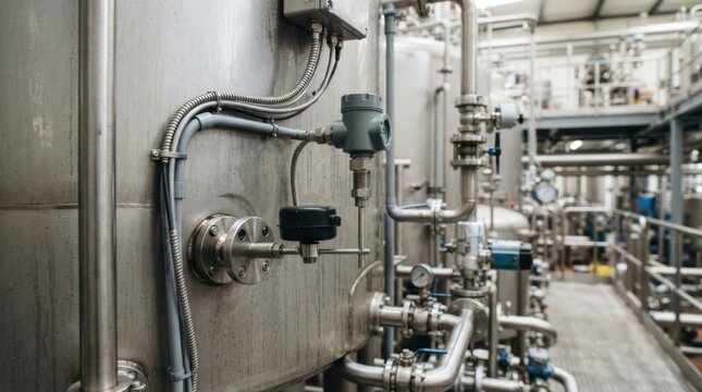 Liquid level monitoring system with stainless steel tank, float switch, ultrasonic sensor, control conduit, and polished pipework in a chemical plant.