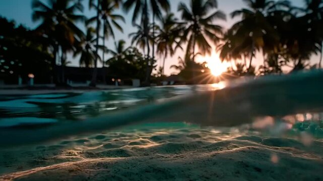 Summer hot vibe lifestyle. A vivid portrayal of a tropical beach at sunset. The sun casts a warm, golden hue over the scene, creating a serene and tranquil atmosphere.