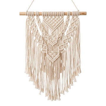 Bohemian macrame wall hanging with intricate knotting and fringe detail