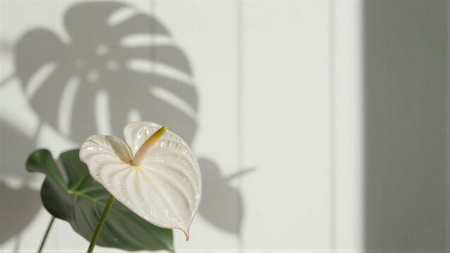 White anthurium flower casts shadow on bright, minimalist wall.