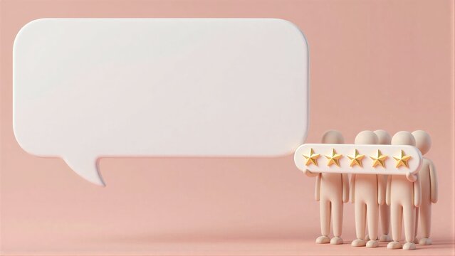 Five figures hold five stars beside a blank speech bubble, symbolizing positive feedback.