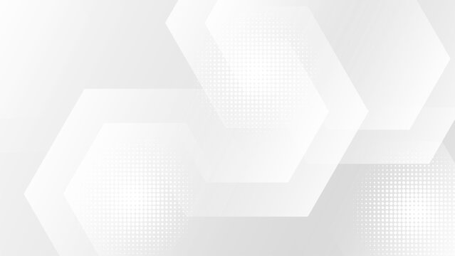 Modern white abstract background with overlapping geometric hexagons and subtle halftone textures for corporate design