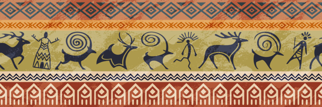 Ethnic seamless border on the theme of rock paintings, petroglyphs and geometric pattern, vector design, banner