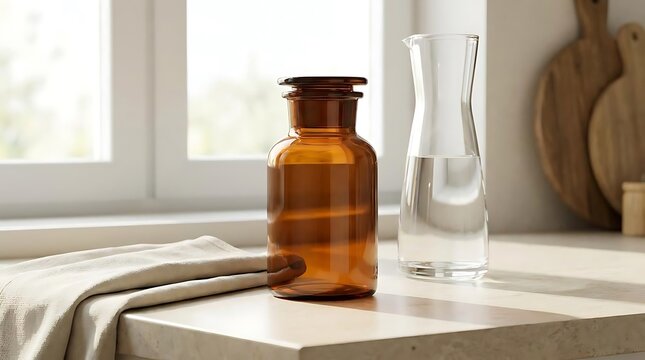 An electrolyte container made of amber glass sits on a kitchen counter next to a clear glass carafe of water, capturing a minimalist healthy lifestyle.