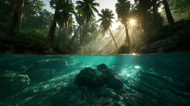Summer hot vibe lifestyle. A vivid portrayal of a tropical underwater scene. The main subject is a clear, turquoise body of water, surrounded by rocky formations and lush greenery.