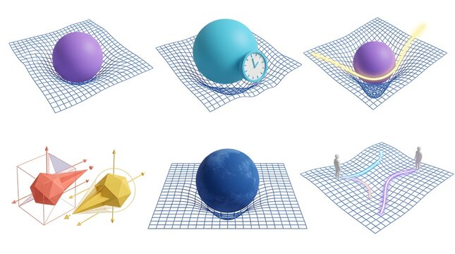 General relativity 3D physics models demonstrating spacetime distortion and gravity on blue grid
