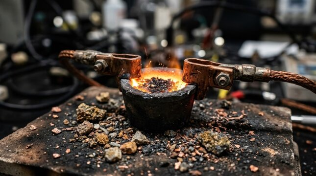 Flash joule heating setup for rare earth extraction with copper electrodes, glowing ore concentrate, graphite crucible, and mineral fragments on a dark heat resistant surface.