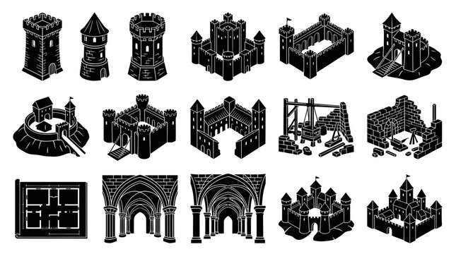 Medieval Architecture Castle Construction Glyph Icons Set. Isometric Black and White Fortress Building Elements.