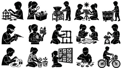 Fototapeta premium Children STEM Education Environmental Sustainability Silhouette Icons. Kids Learning Science, Engineering Recycling Glyphs.