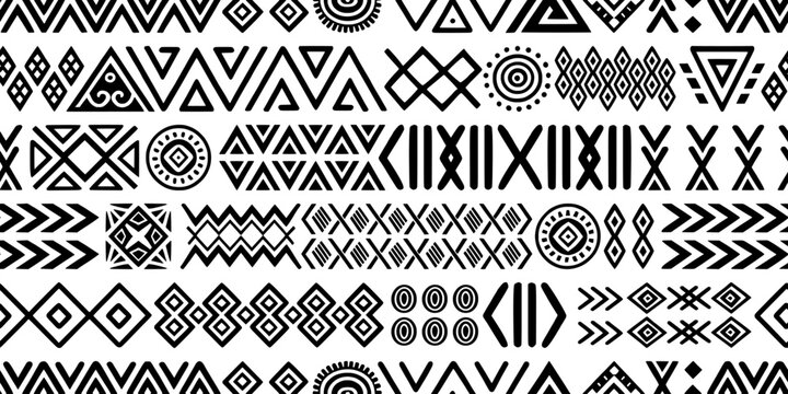 Seamless ethnic pattern, hand-drawn ethnic geometric elements, African or Indian style tribal pattern, isolated on white background, vector print