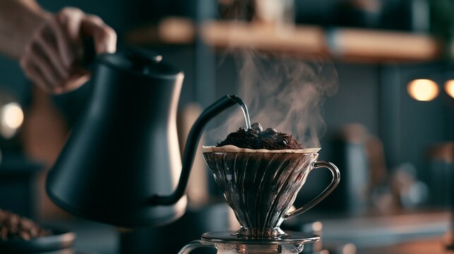 Man carefully pouring hot water for drip coffee at home